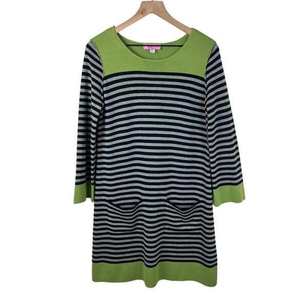 Eliza J Womens Green Gray Strip Colorblock Long Sleeve Sweater Shift Dress Large - Picture 1 of 6